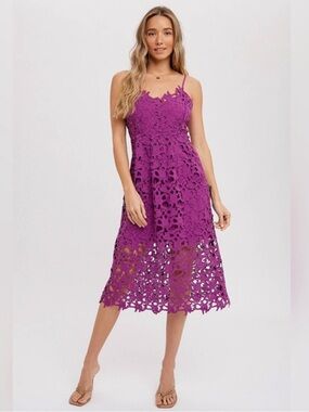 ASTR The Label Lace Midi Dress Fuchsia Pink Floral Lace Cocktail Large